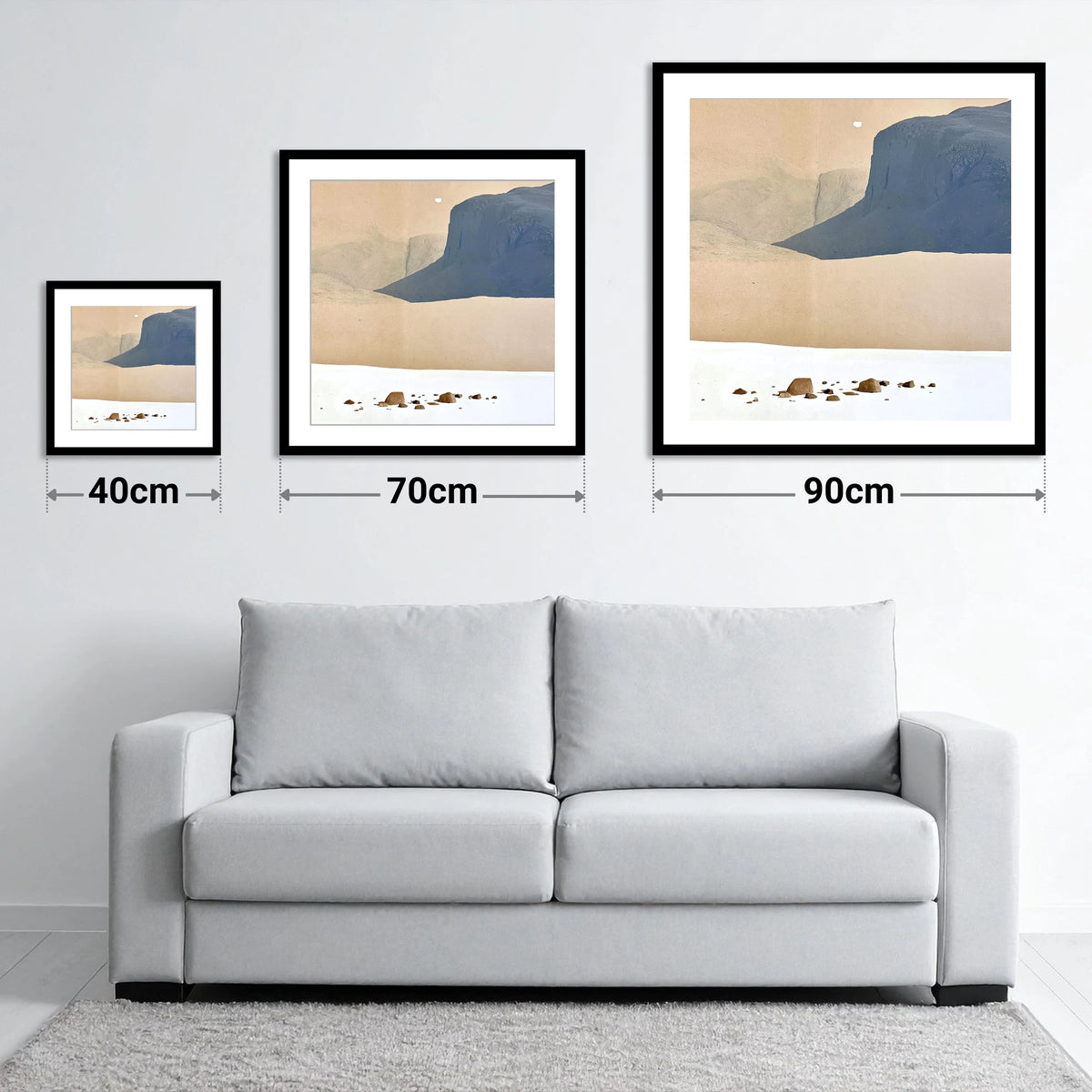Scafell Pike Above White Plateau - size guide showing 40cm, 70cm and 90cm art prints