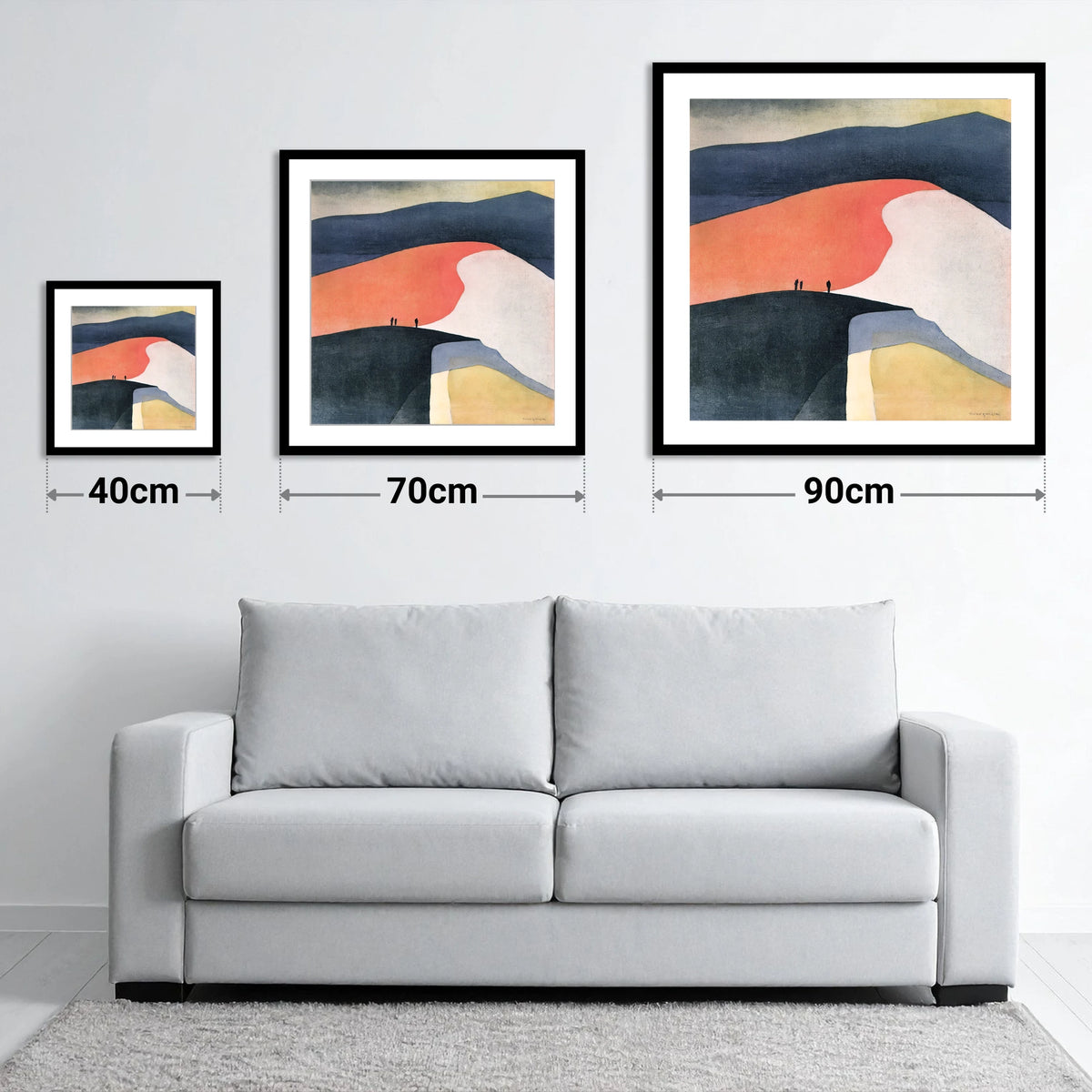Terracotta Fell Top with Hikers - size guide showing 40cm, 70cm and 90cm art prints