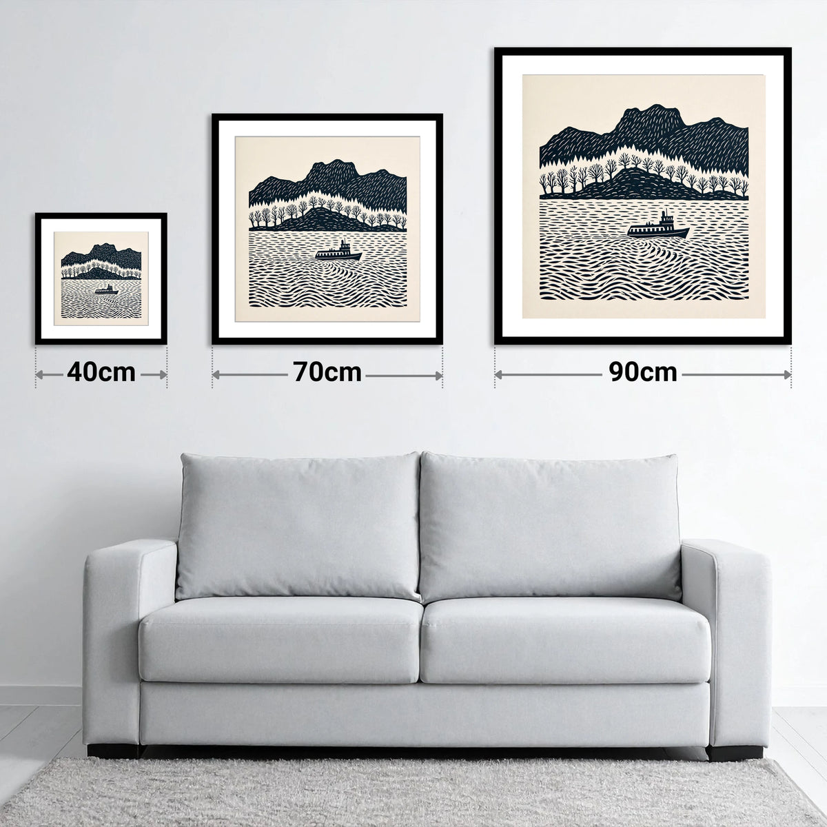 Windermere Steamer on Rhythmic Waters - size guide showing 40cm, 70cm and 90cm art prints
