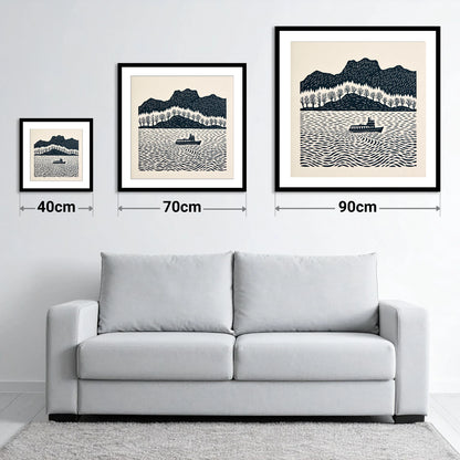 Windermere Steamer on Rhythmic Waters - size guide showing 40cm, 70cm and 90cm art prints