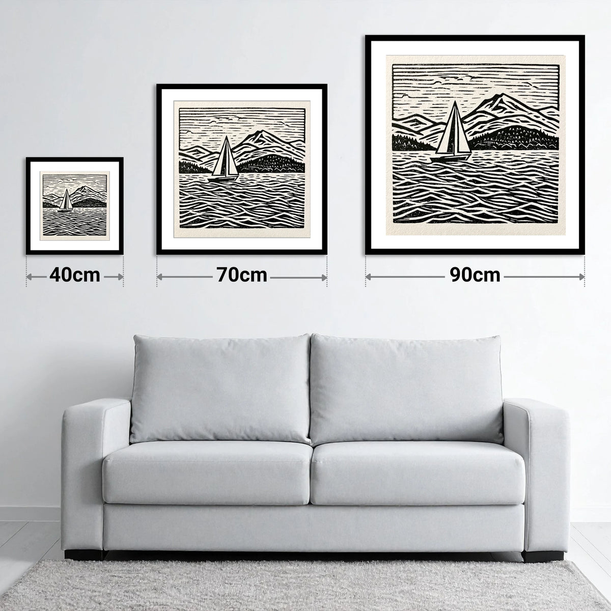 Monochrome Windermere Sailboat and Fells - size guide showing 40cm, 70cm and 90cm art prints