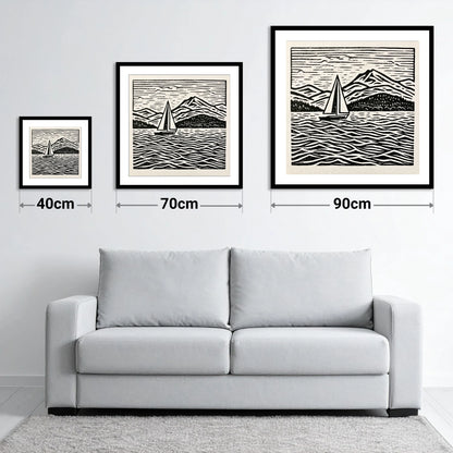 Monochrome Windermere Sailboat and Fells - size guide showing 40cm, 70cm and 90cm art prints