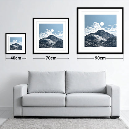 Great Gable Beneath Towering Clouds - size guide showing 40cm, 70cm and 90cm art prints