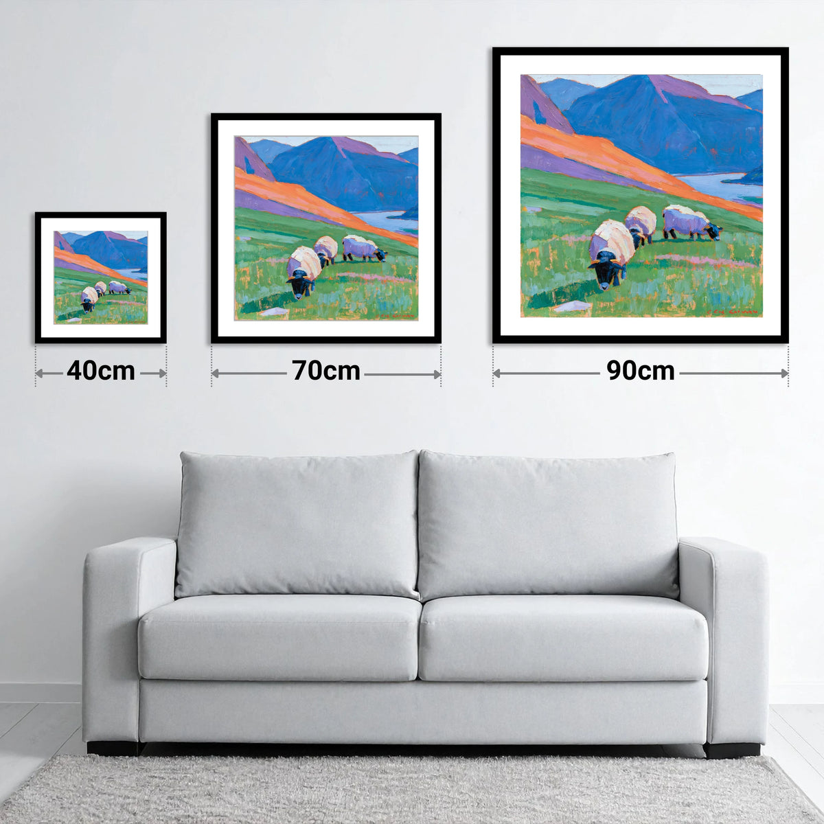 Herdwick Sheep on Colourful Fell - size guide showing 40cm, 70cm and 90cm art prints