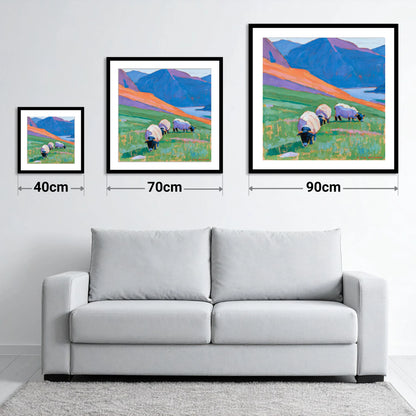 Herdwick Sheep on Colourful Fell - size guide showing 40cm, 70cm and 90cm art prints