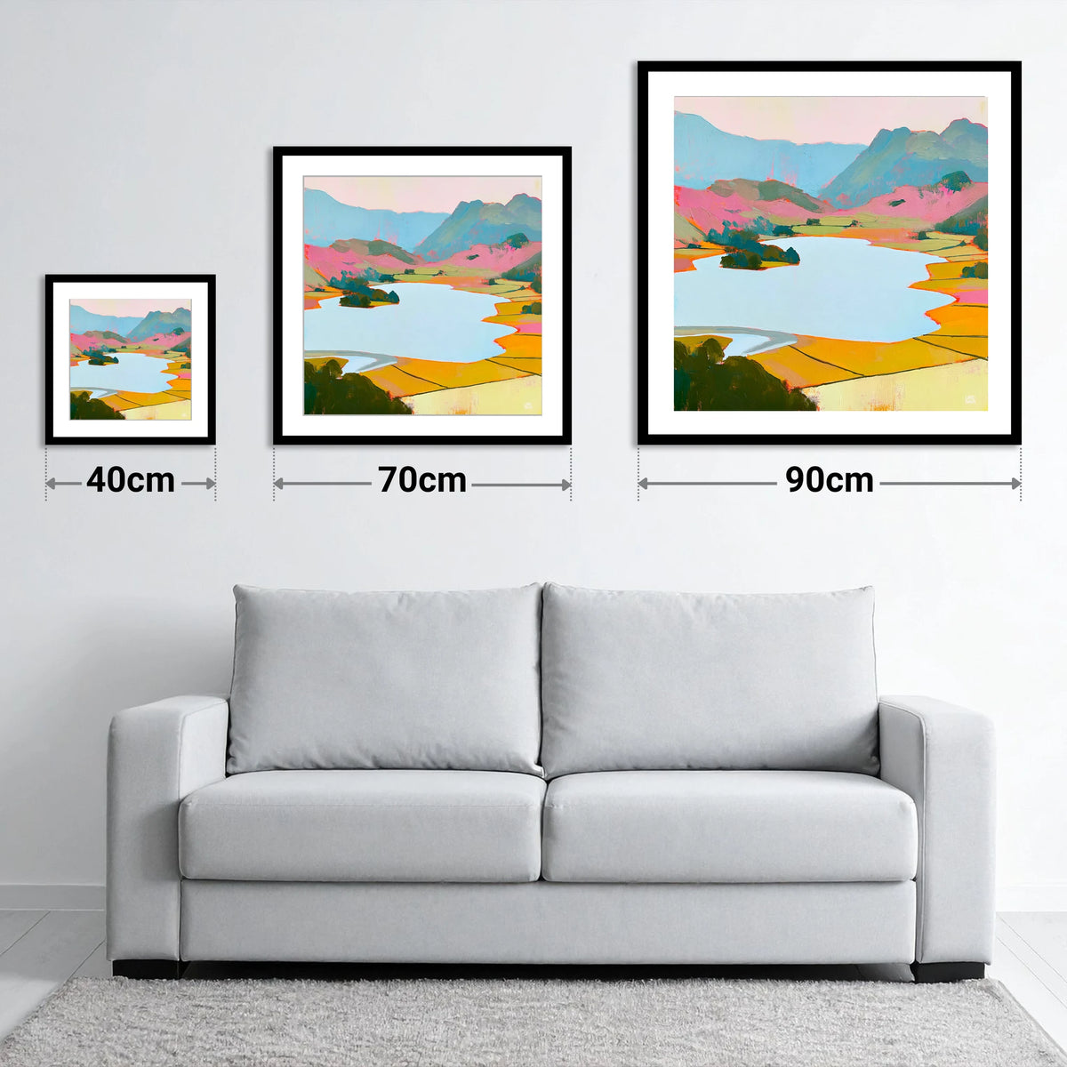 Colourful Elter Water Landscape - size guide showing 40cm, 70cm and 90cm art prints