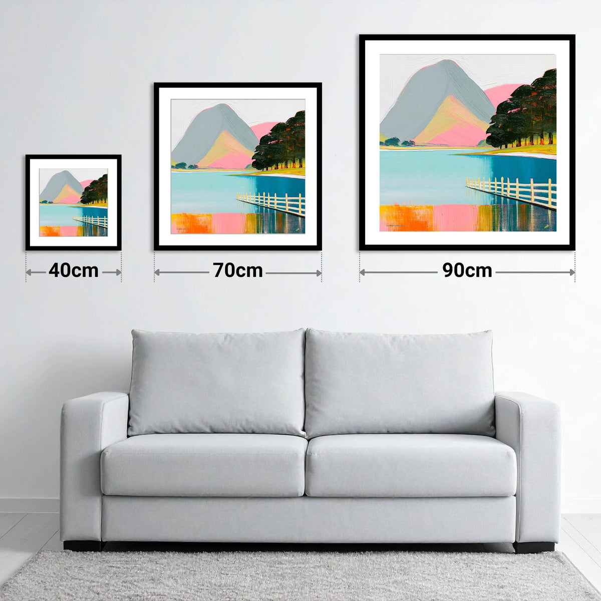 Vibrant Buttermere and White Fence - size guide showing 40cm, 70cm and 90cm art prints