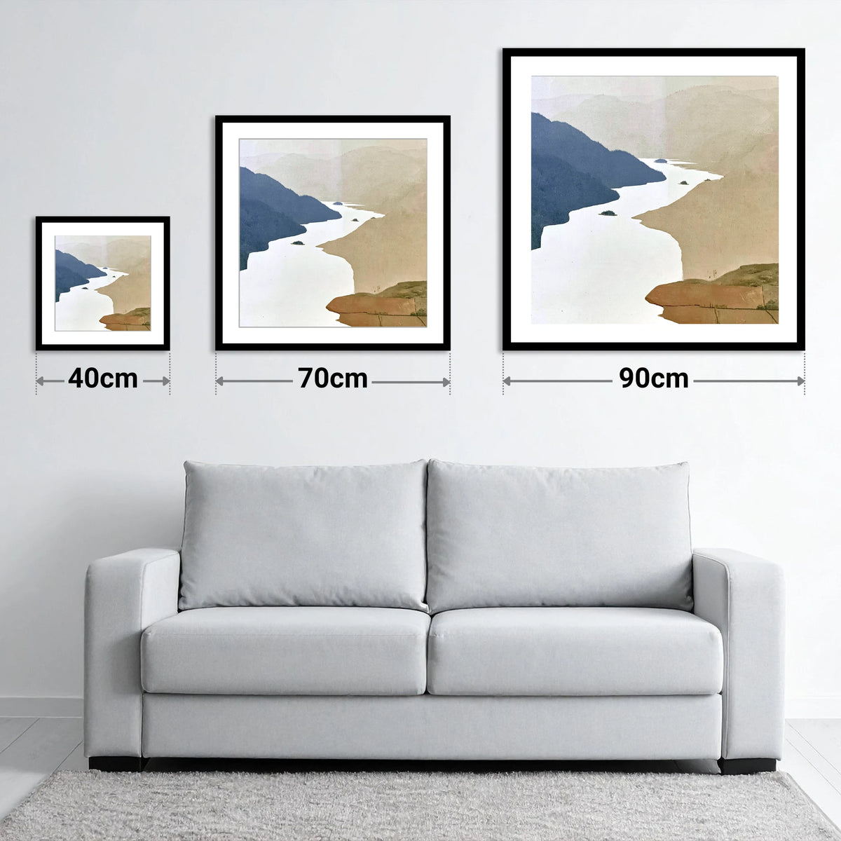 Winding Ullswater and Wooded Islands - size guide showing 40cm, 70cm and 90cm art prints