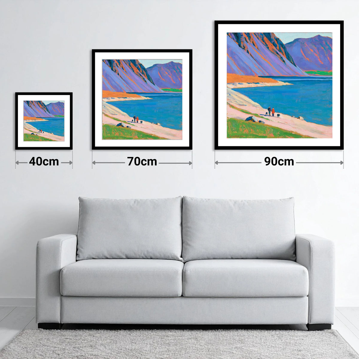 Colourful Wast Water Dog Walk - size guide showing 40cm, 70cm and 90cm art prints