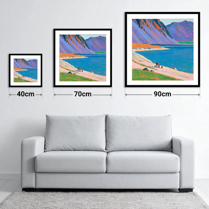 Colourful Wast Water Dog Walk - size guide showing 40cm, 70cm and 90cm art prints
