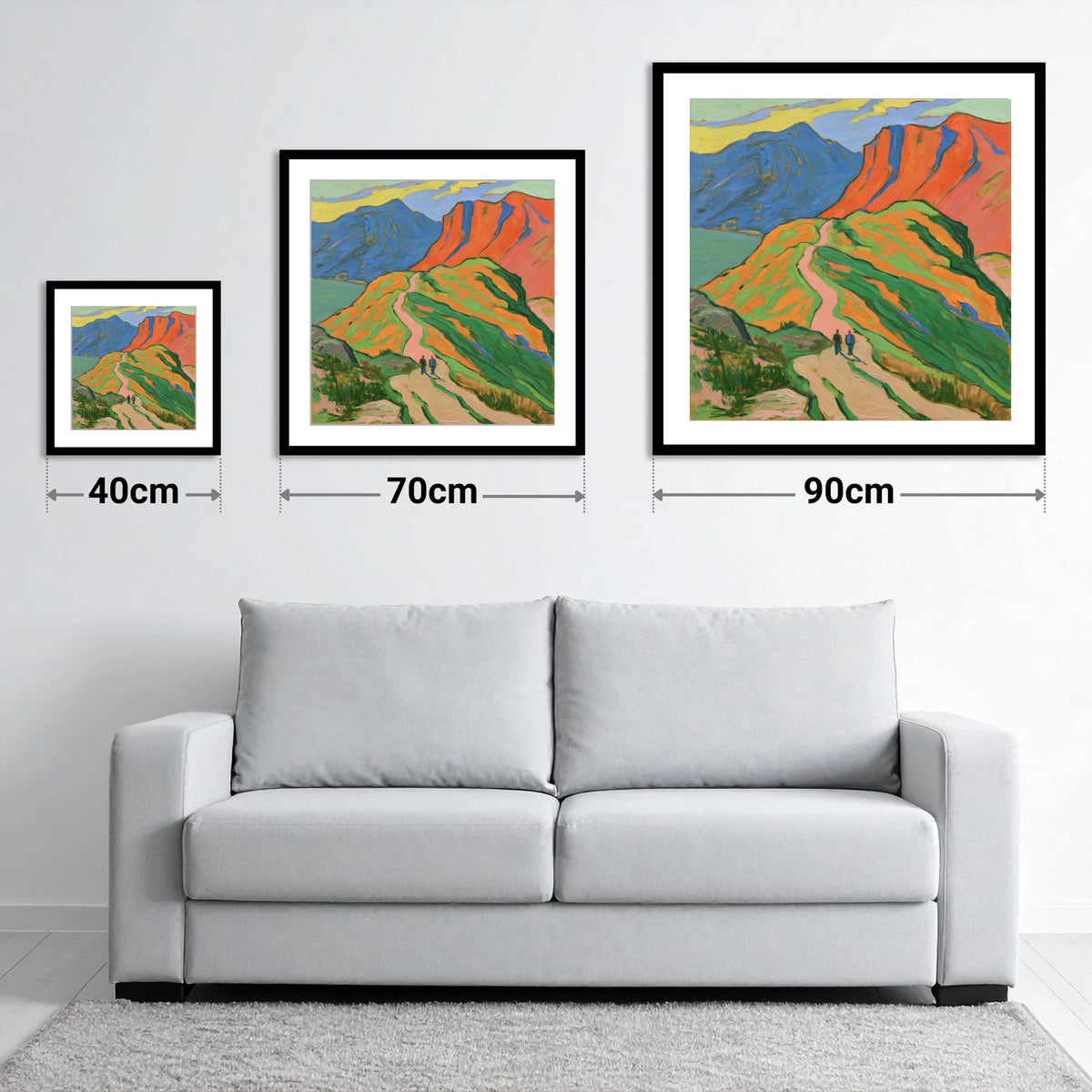 Bold Fells and Mountain Walkers - size guide showing 40cm, 70cm and 90cm art prints