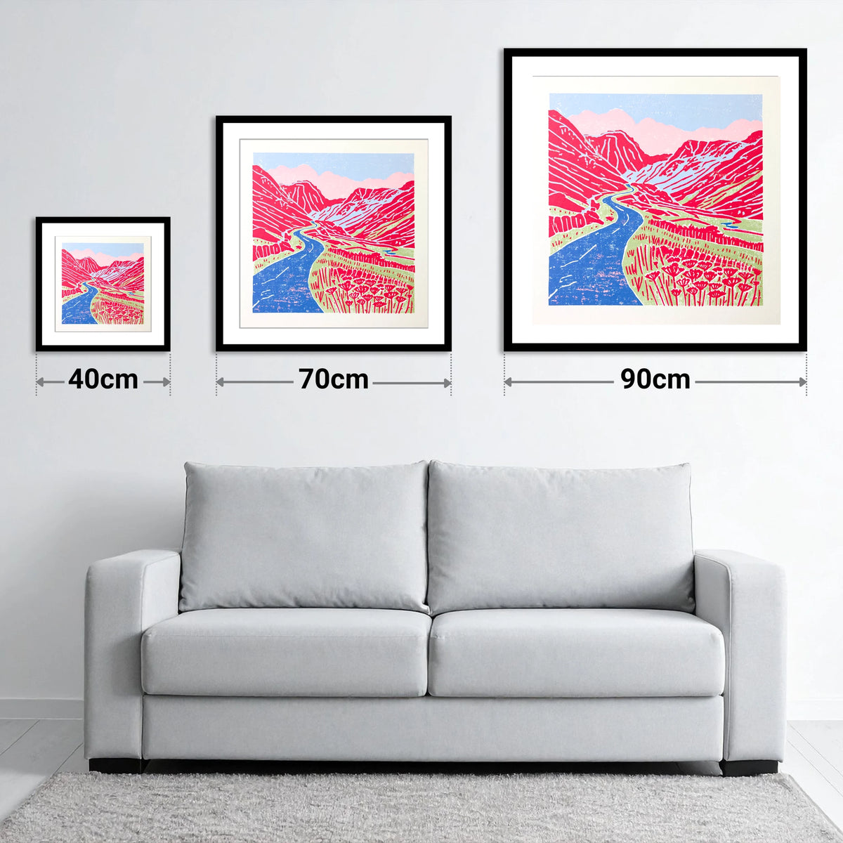 Red Fells Over Hardknott Pass - size guide showing 40cm, 70cm and 90cm art prints