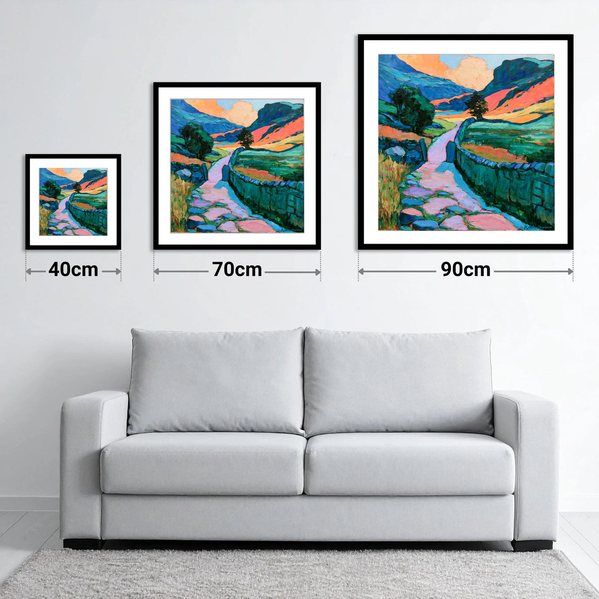 Vibrant Valley Path and Drystone Wall - size guide showing 40cm, 70cm and 90cm art prints