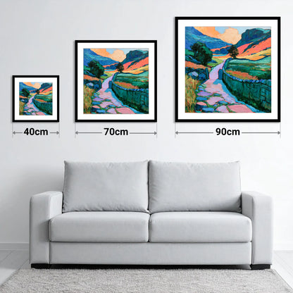 Vibrant Valley Path and Drystone Wall - size guide showing 40cm, 70cm and 90cm art prints