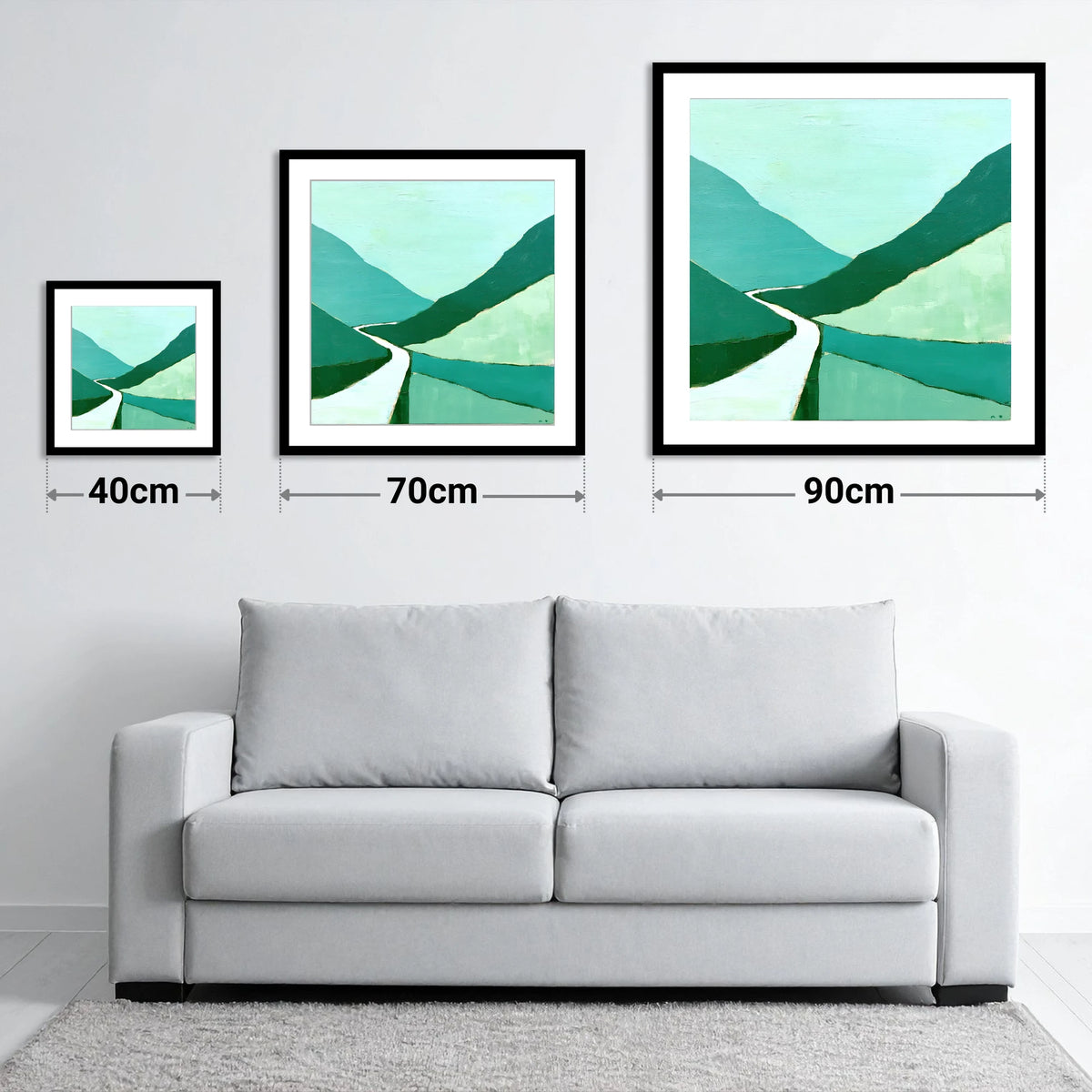 Vibrant Green Honister Pass - size guide showing 40cm, 70cm and 90cm art prints