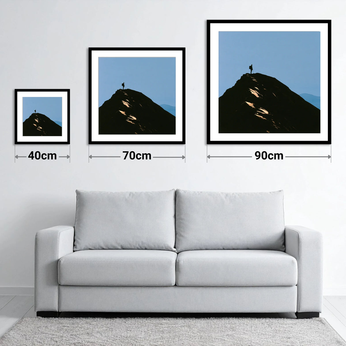 Walker Silhouette on Striding Edge - size guide showing 40cm, 70cm and 90cm art prints