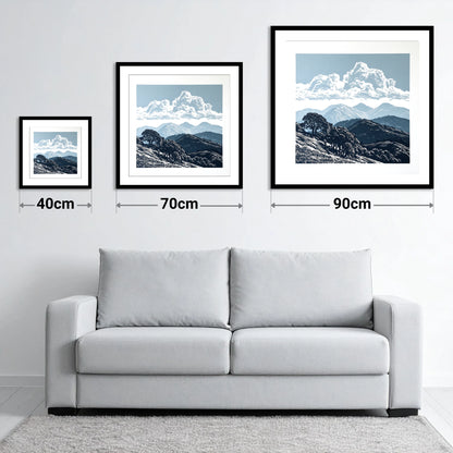 Rolling Fells Beneath Towering Clouds - size guide showing 40cm, 70cm and 90cm art prints