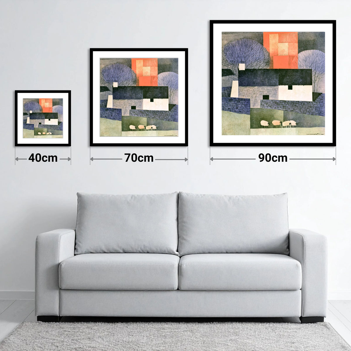 Stone Cottage in Bold Terracotta - size guide showing 40cm, 70cm and 90cm art prints