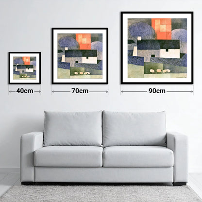 Stone Cottage in Bold Terracotta - size guide showing 40cm, 70cm and 90cm art prints