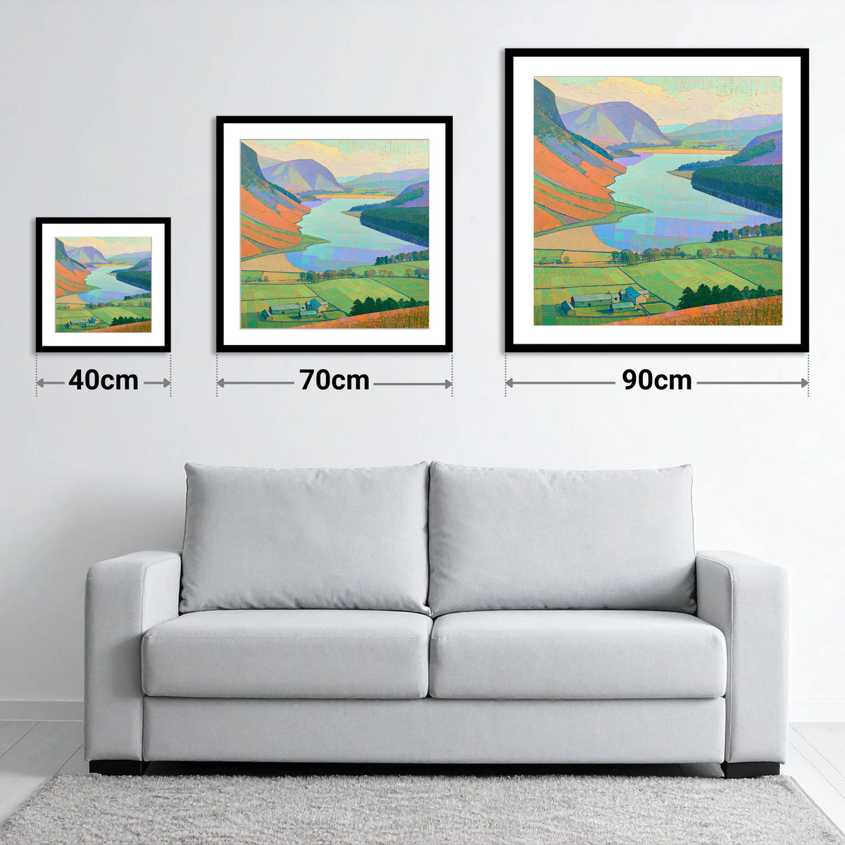 Vibrant Loweswater from Above - size guide showing 40cm, 70cm and 90cm art prints
