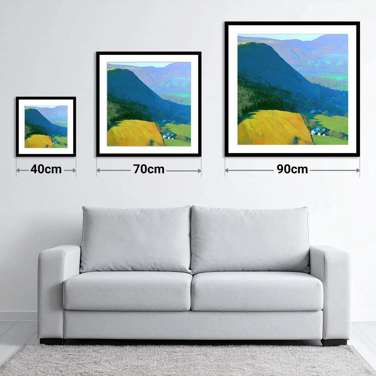 Vibrant Sunlight on Dodd Fell - size guide showing 40cm, 70cm and 90cm art prints