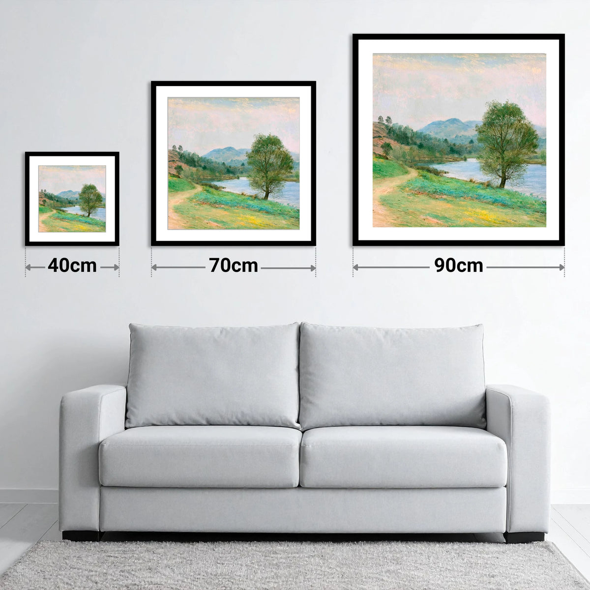 Tarn Hows in Spring Light - size guide showing 40cm, 70cm and 90cm art prints