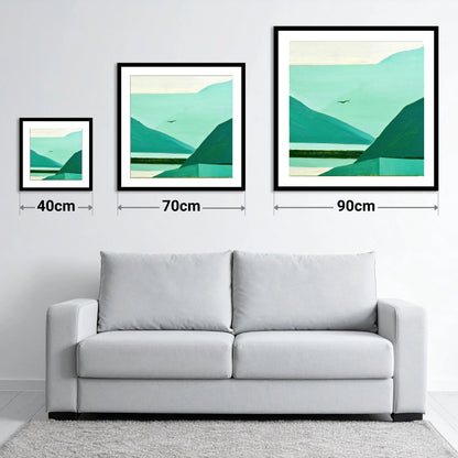 Teal Dawn Mist in Borrowdale - size guide showing 40cm, 70cm and 90cm art prints