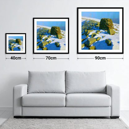 Stony Cove Pike Winter Cairn - size guide showing 40cm, 70cm and 90cm art prints