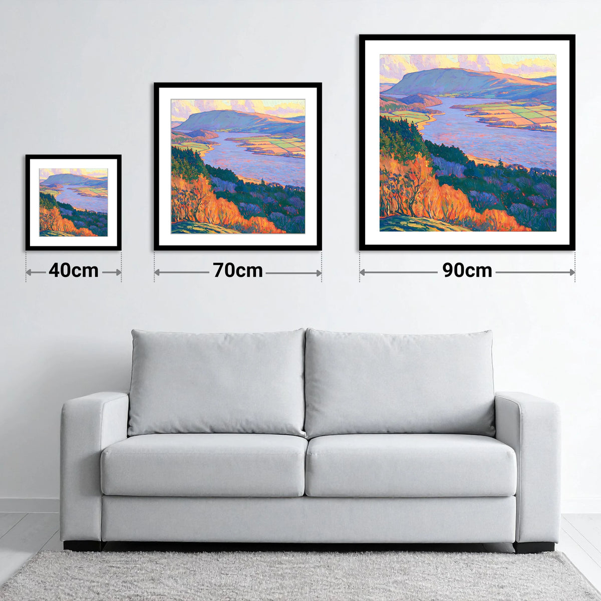 Vibrant Autumn Over Bassenthwaite Lake - size guide showing 40cm, 70cm and 90cm art prints