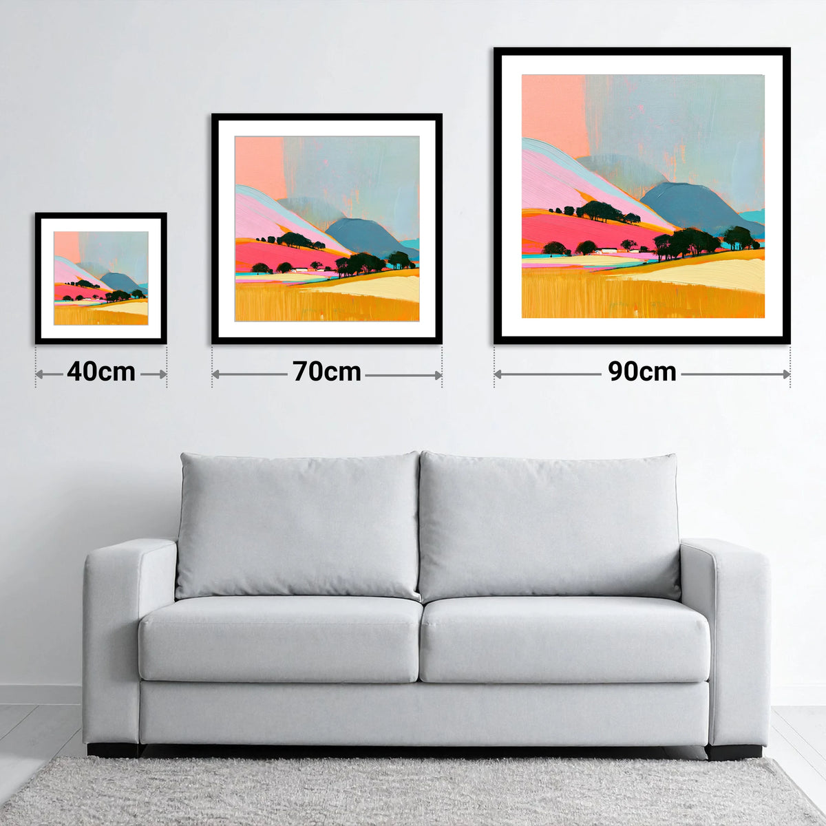 Vibrant Fells Under Storm Clouds - size guide showing 40cm, 70cm and 90cm art prints