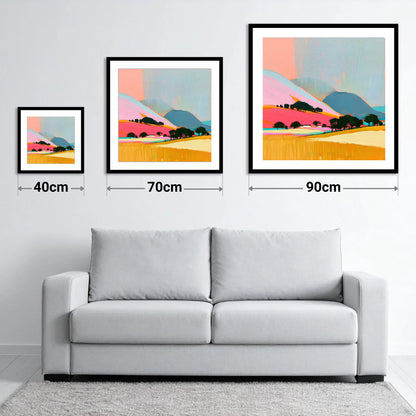Vibrant Fells Under Storm Clouds - size guide showing 40cm, 70cm and 90cm art prints