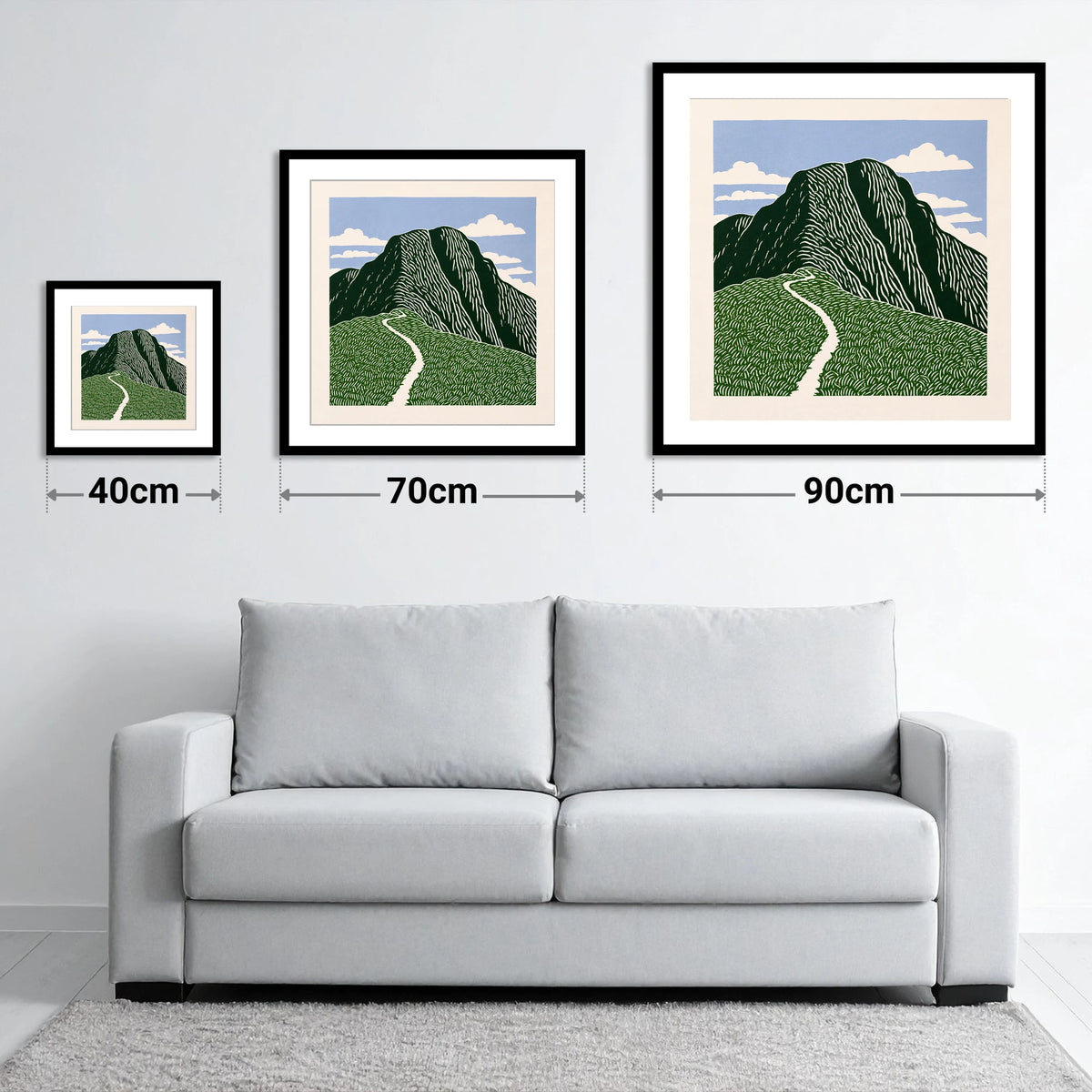 Graphic Scafell Pike Mountain Path - size guide showing 40cm, 70cm and 90cm art prints
