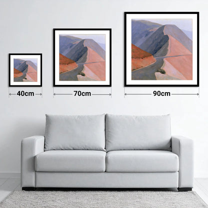 Winding Mountain Pass in Pastel - size guide showing 40cm, 70cm and 90cm art prints
