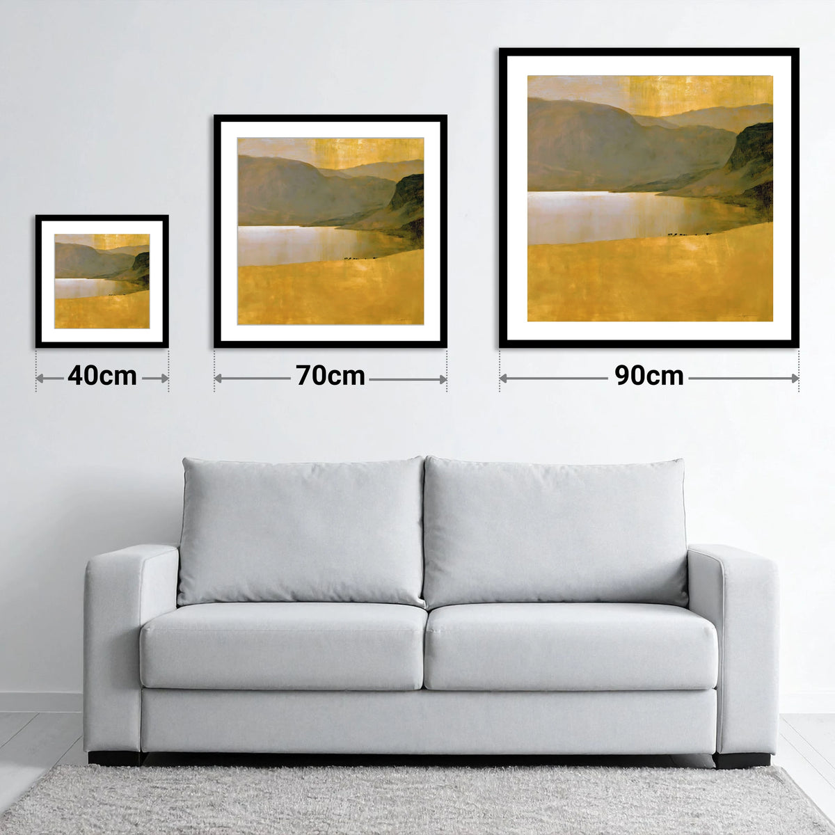 Golden Lake Beneath Dark Fells - size guide showing 40cm, 70cm and 90cm art prints
