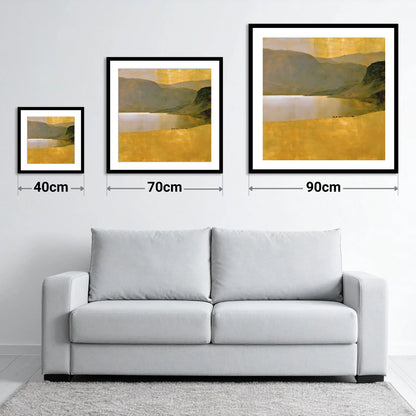 Golden Lake Beneath Dark Fells - size guide showing 40cm, 70cm and 90cm art prints