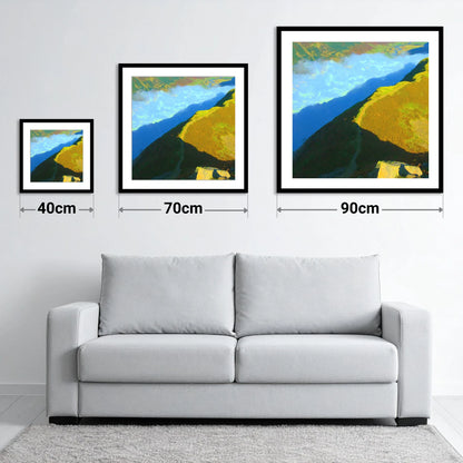 Sunlit Winding Path on Gibson Knott - size guide showing 40cm, 70cm and 90cm art prints