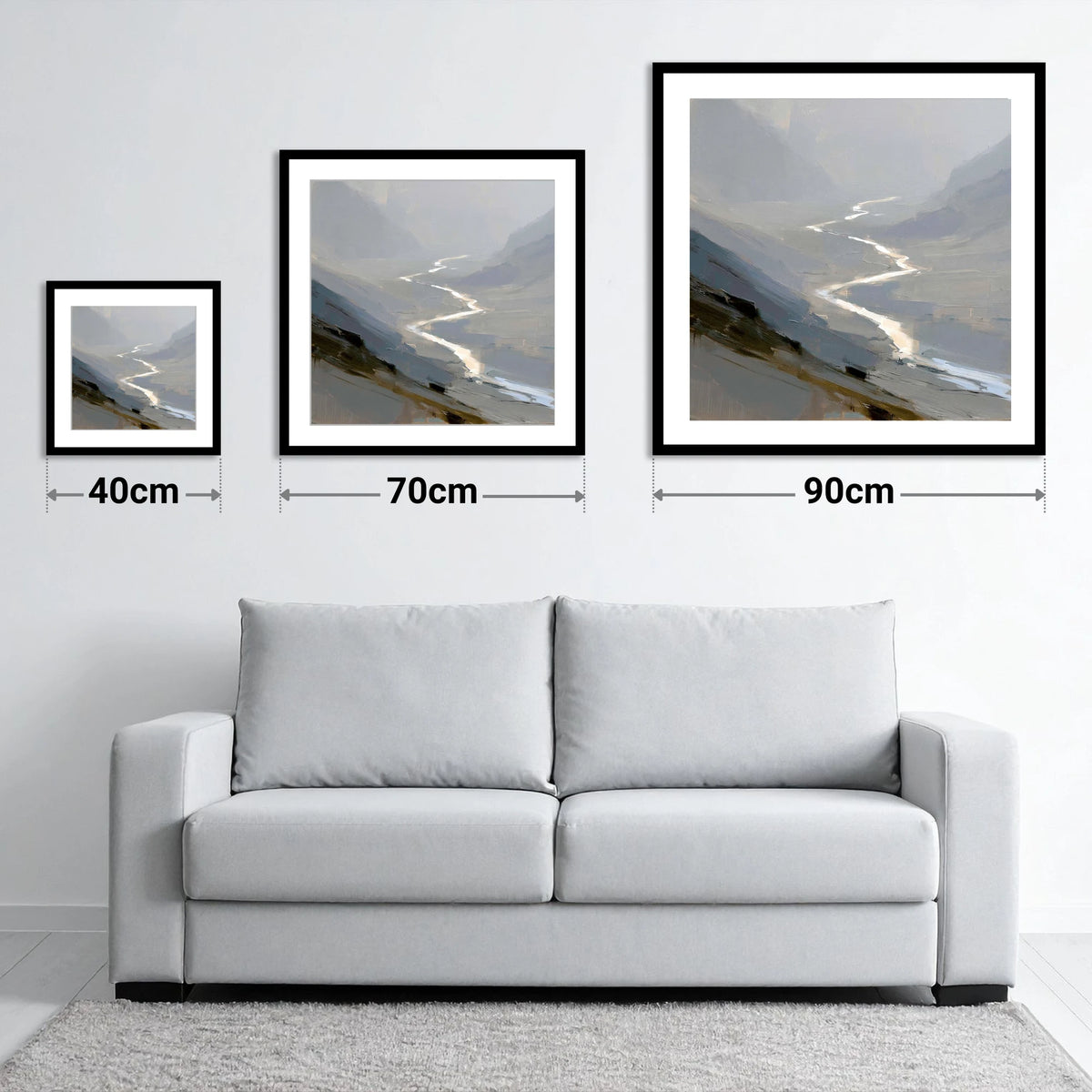 Winding River in Misty Valley - size guide showing 40cm, 70cm and 90cm art prints