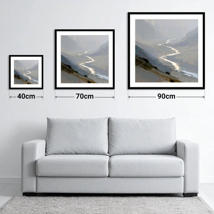 Winding River in Misty Valley - size guide showing 40cm, 70cm and 90cm art prints