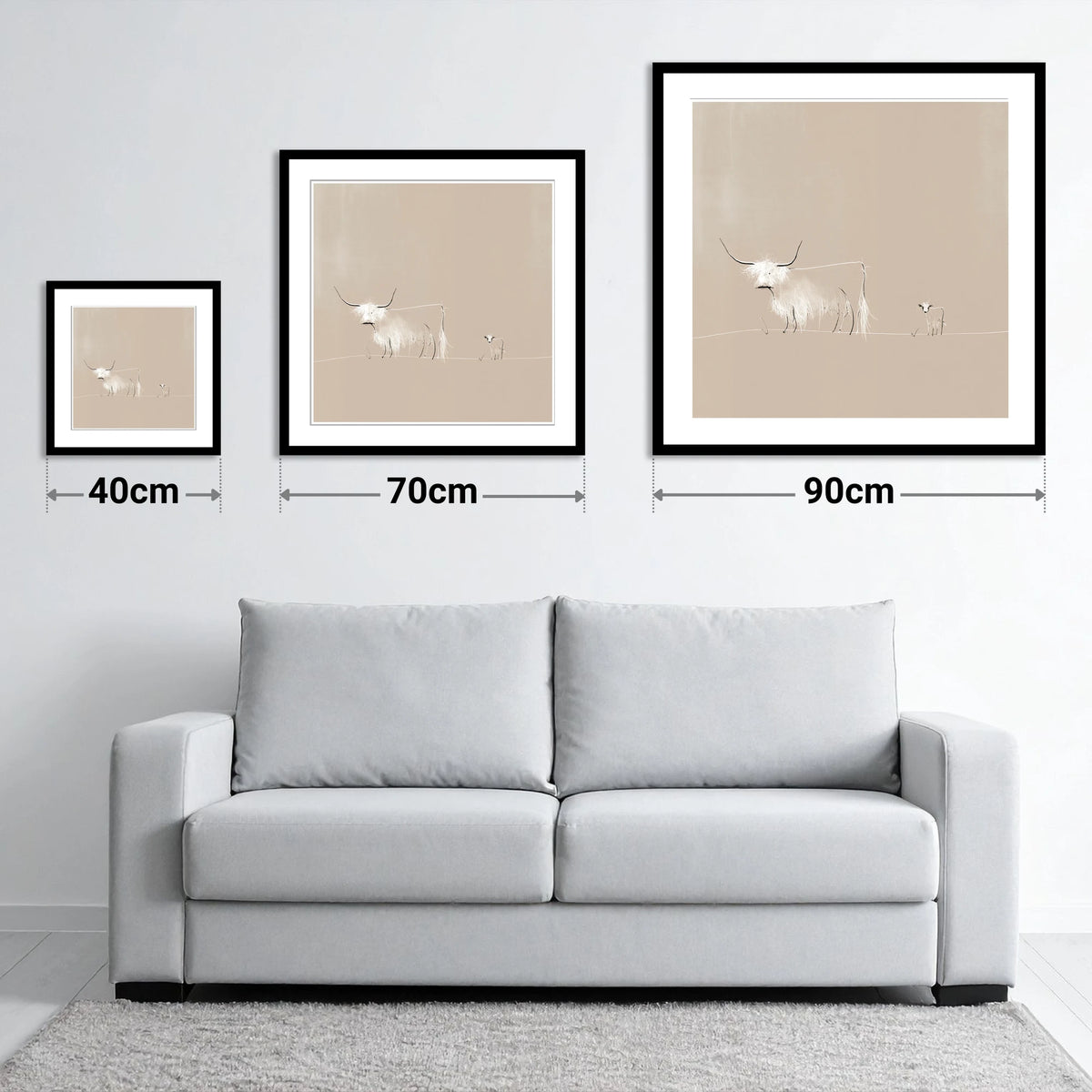 Highland Cattle on Warm Beige - size guide showing 40cm, 70cm and 90cm art prints
