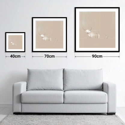 Highland Cattle on Warm Beige - size guide showing 40cm, 70cm and 90cm art prints