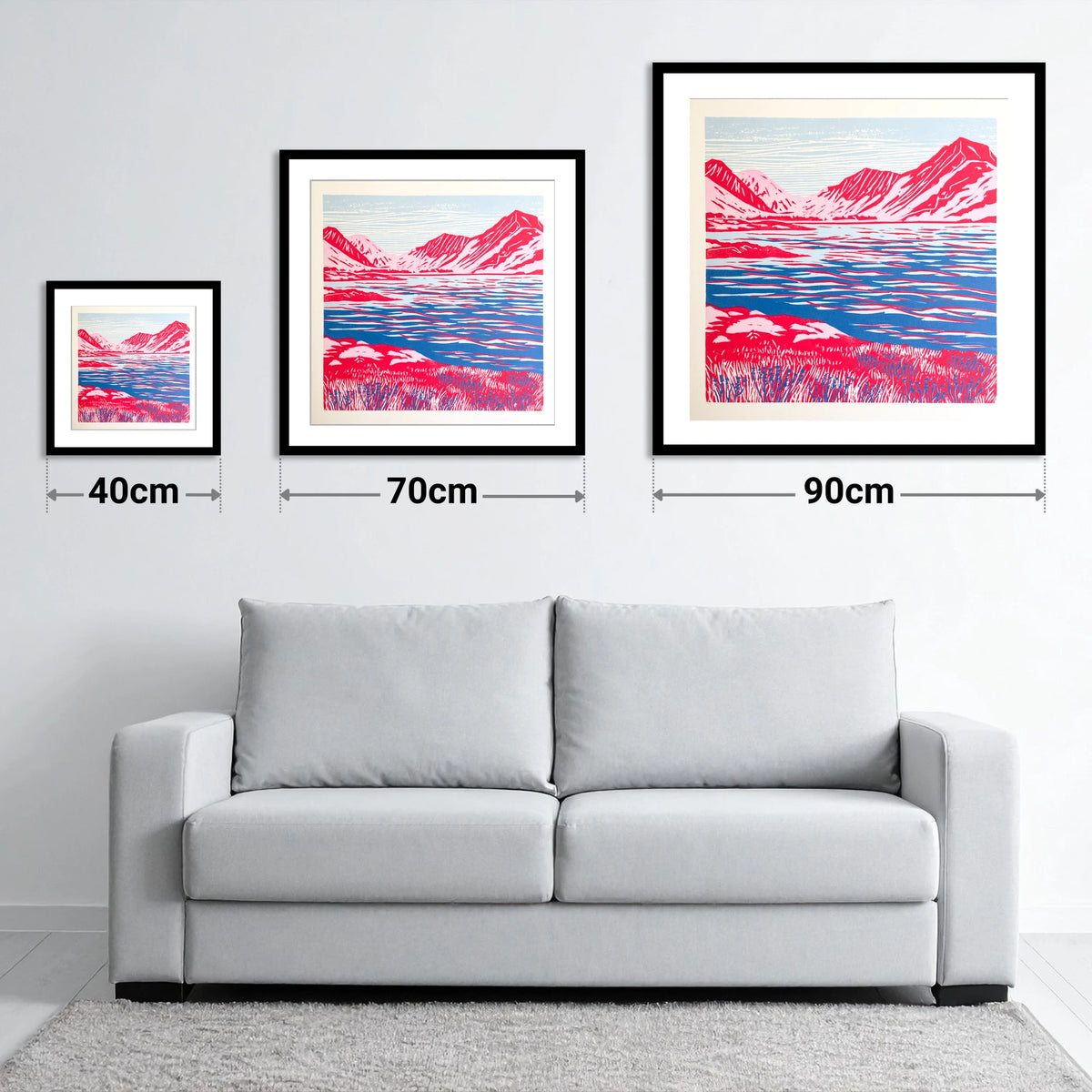 Vivid Red Ennerdale Fells - size guide showing 40cm, 70cm and 90cm art prints