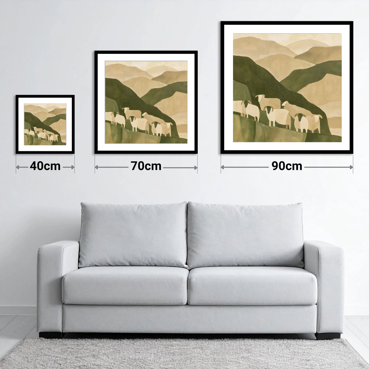 Herdwick Flock on Earthy Fells - size guide showing 40cm, 70cm and 90cm art prints