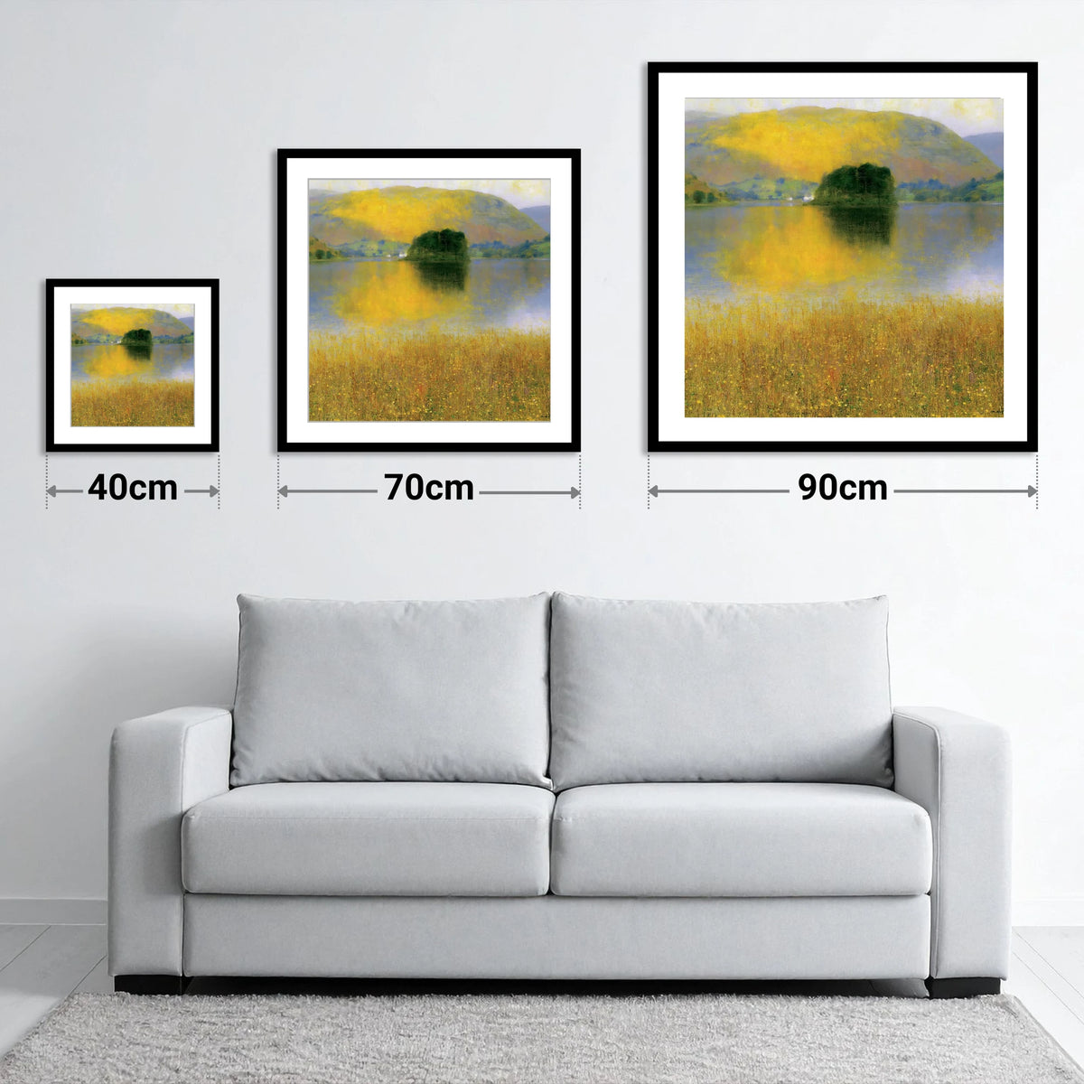Golden Fells at Grasmere - size guide showing 40cm, 70cm and 90cm art prints
