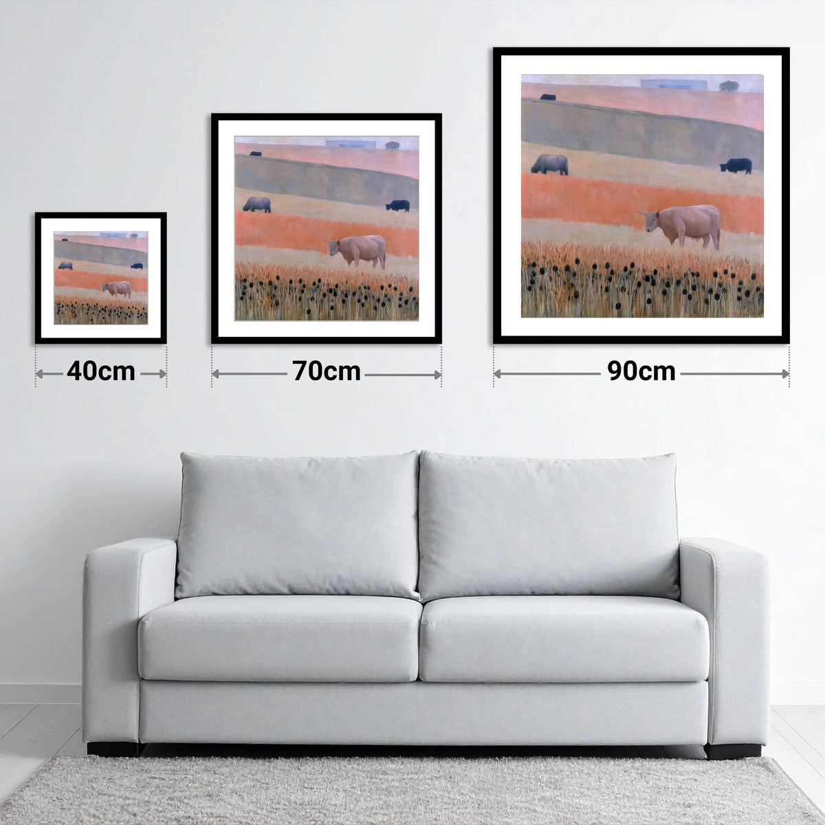 Highland Cattle in Pastel Fells - size guide showing 40cm, 70cm and 90cm art prints