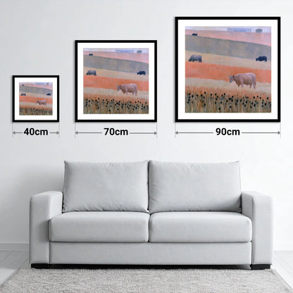 Highland Cattle in Pastel Fells - size guide showing 40cm, 70cm and 90cm art prints