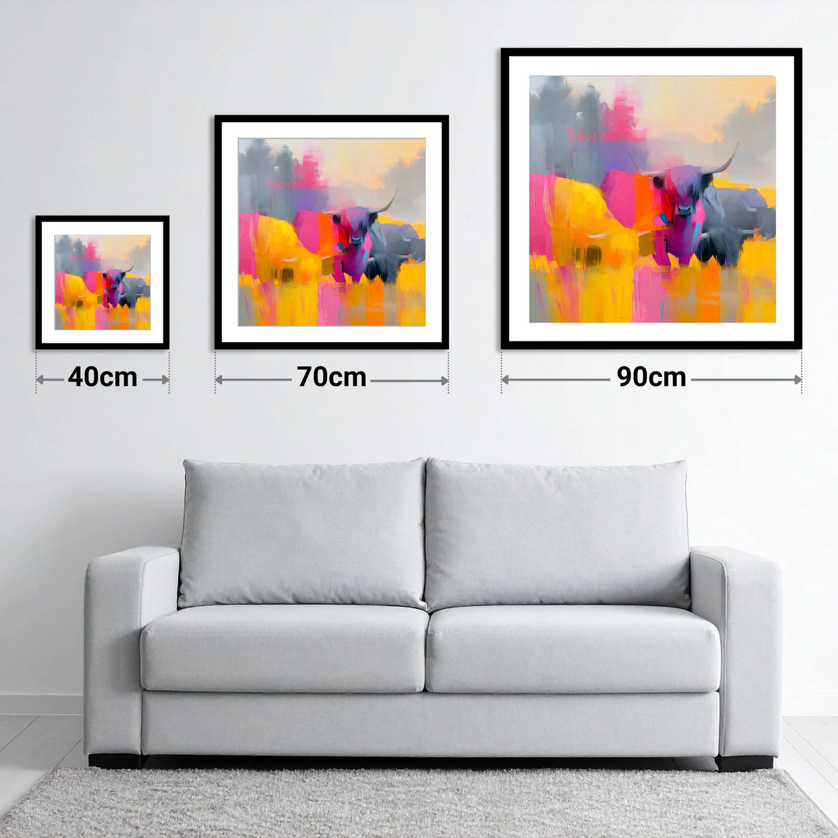 Colourful Highland Cattle Portrait - size guide showing 40cm, 70cm and 90cm art prints