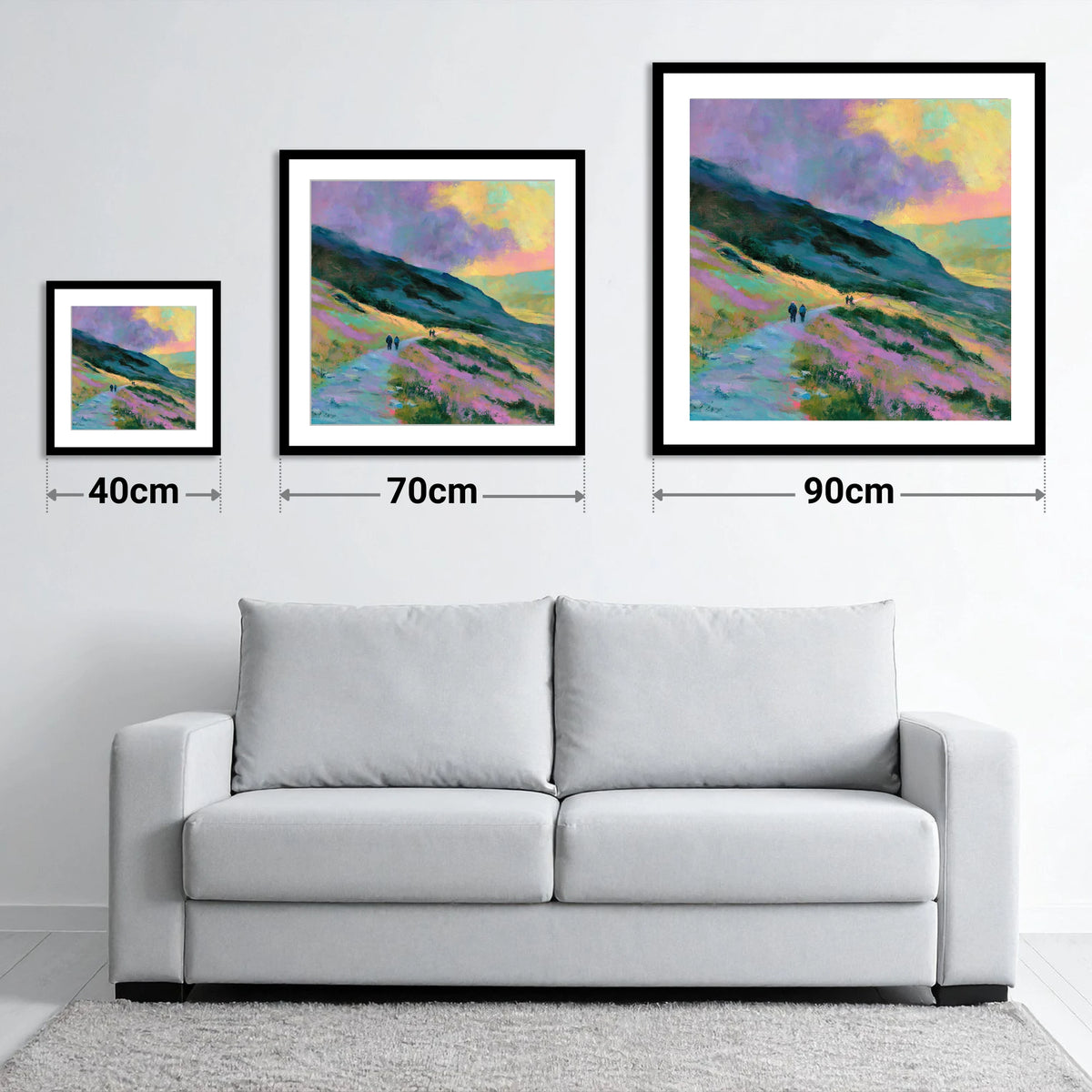 Walkers on Pastel Mountain Path - size guide showing 40cm, 70cm and 90cm art prints
