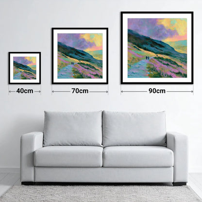 Walkers on Pastel Mountain Path - size guide showing 40cm, 70cm and 90cm art prints