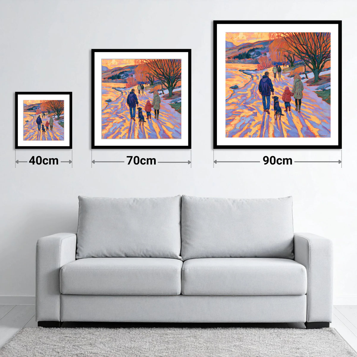 Sunset Dog Walk at Keswick - size guide showing 40cm, 70cm and 90cm art prints