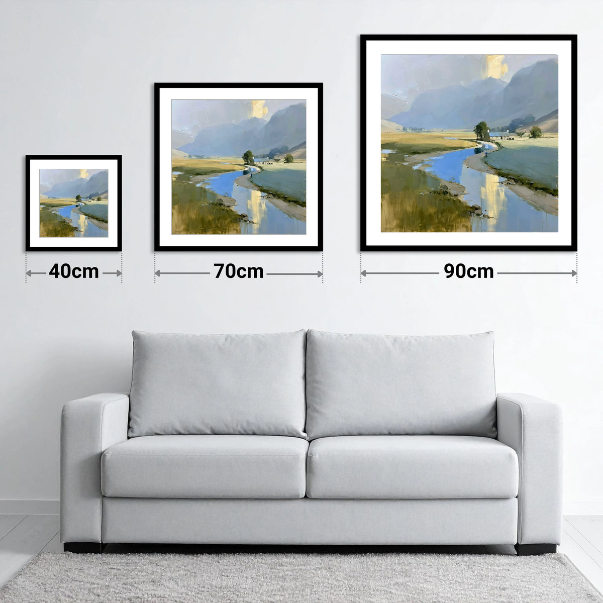 Golden Mist Over the Valley River - size guide showing 40cm, 70cm and 90cm art prints